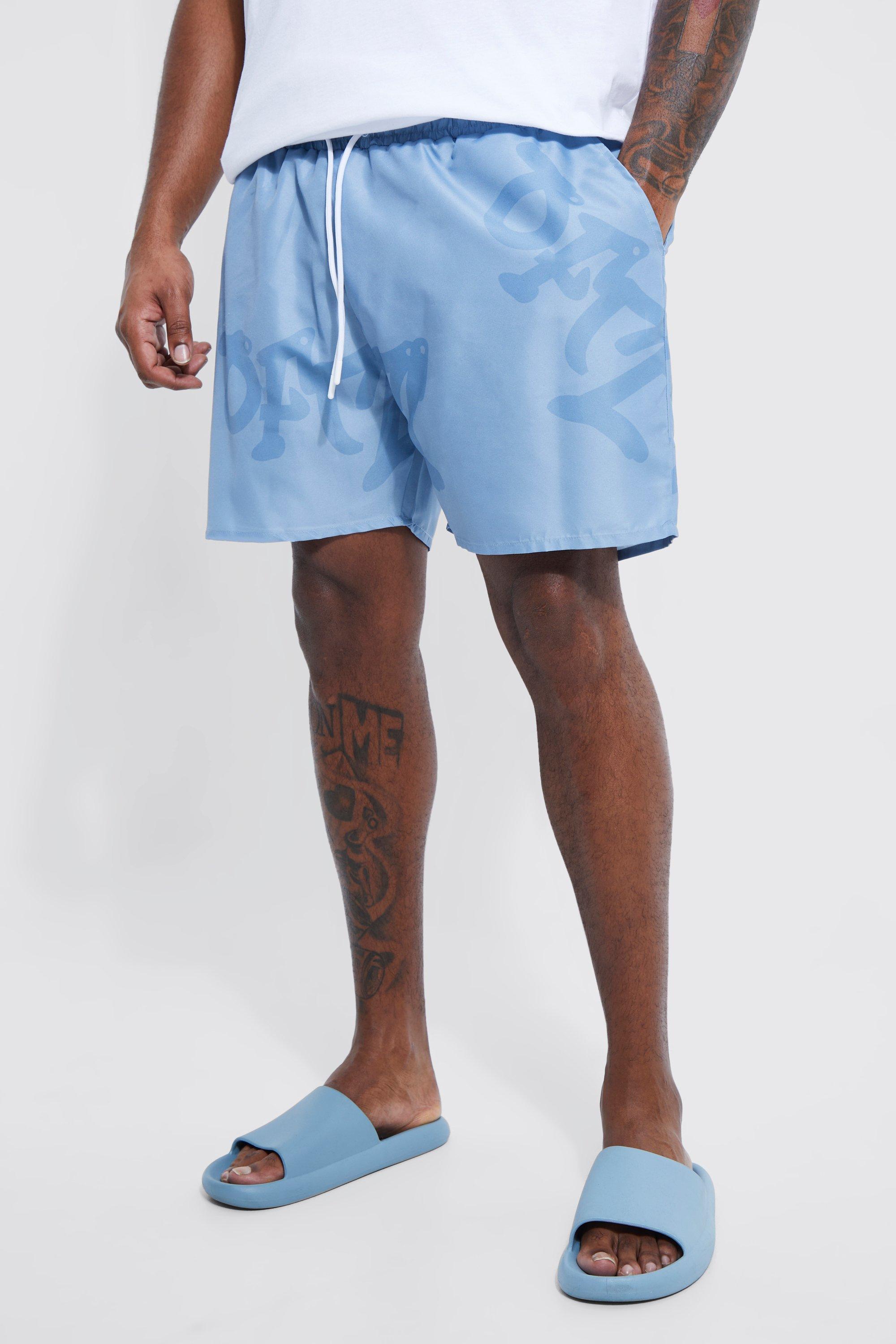 Mens Blue Plus Graffiti Print Swim Shorts, Blue